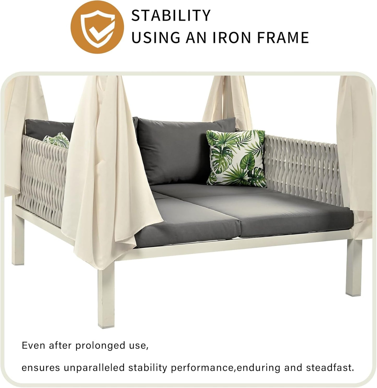 Polibi Outdoor Patio Sunbed with Beige Curtains,Outdoor Sun Lounger Bed with Pillows,Rubber Core Rope Weaving Outdoor Double Chaise Lounge Suitable for Pool,Garden,Gray+Beige