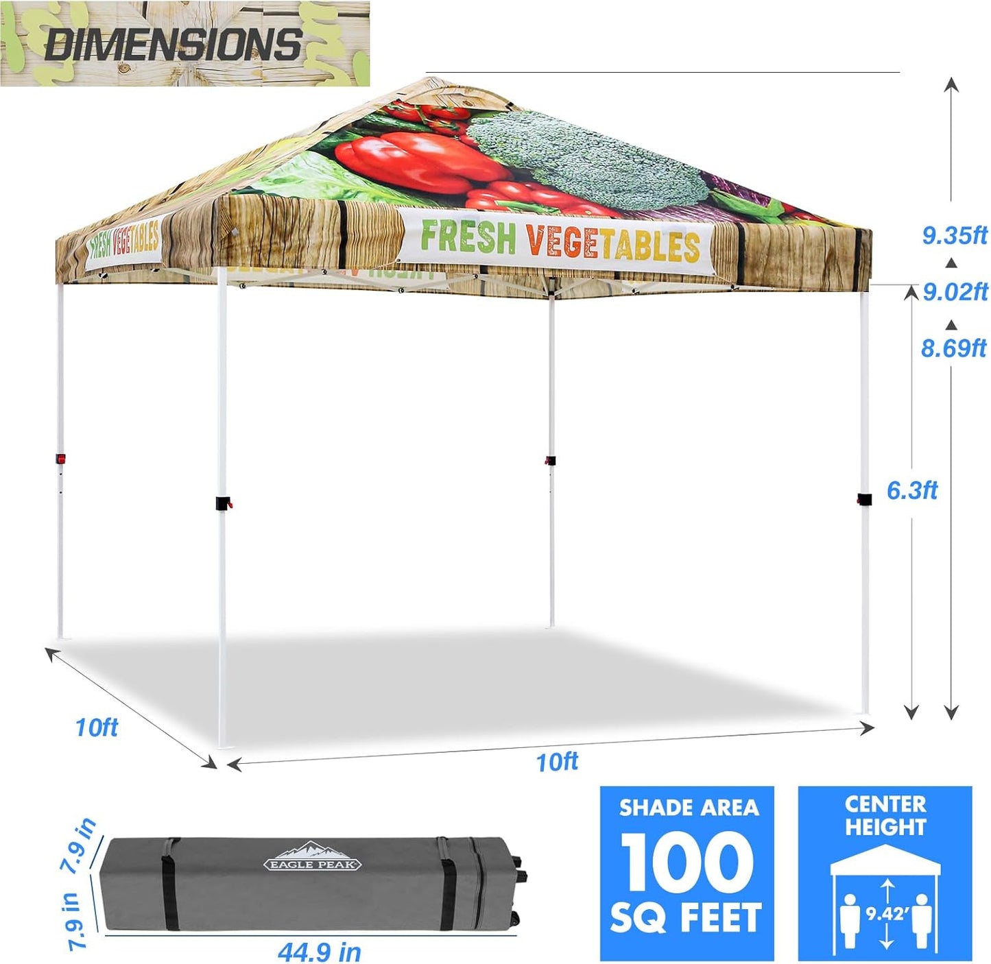 EAGLE PEAK Pop Up Canopy Tent with Wheeled Carry Bag, 8 Stakes, 4 Ropes, 4 Weight Bags, Easy Set Up Tent Canopy, 10x10 ft, 100sqft of Shade, Vegetable Stand