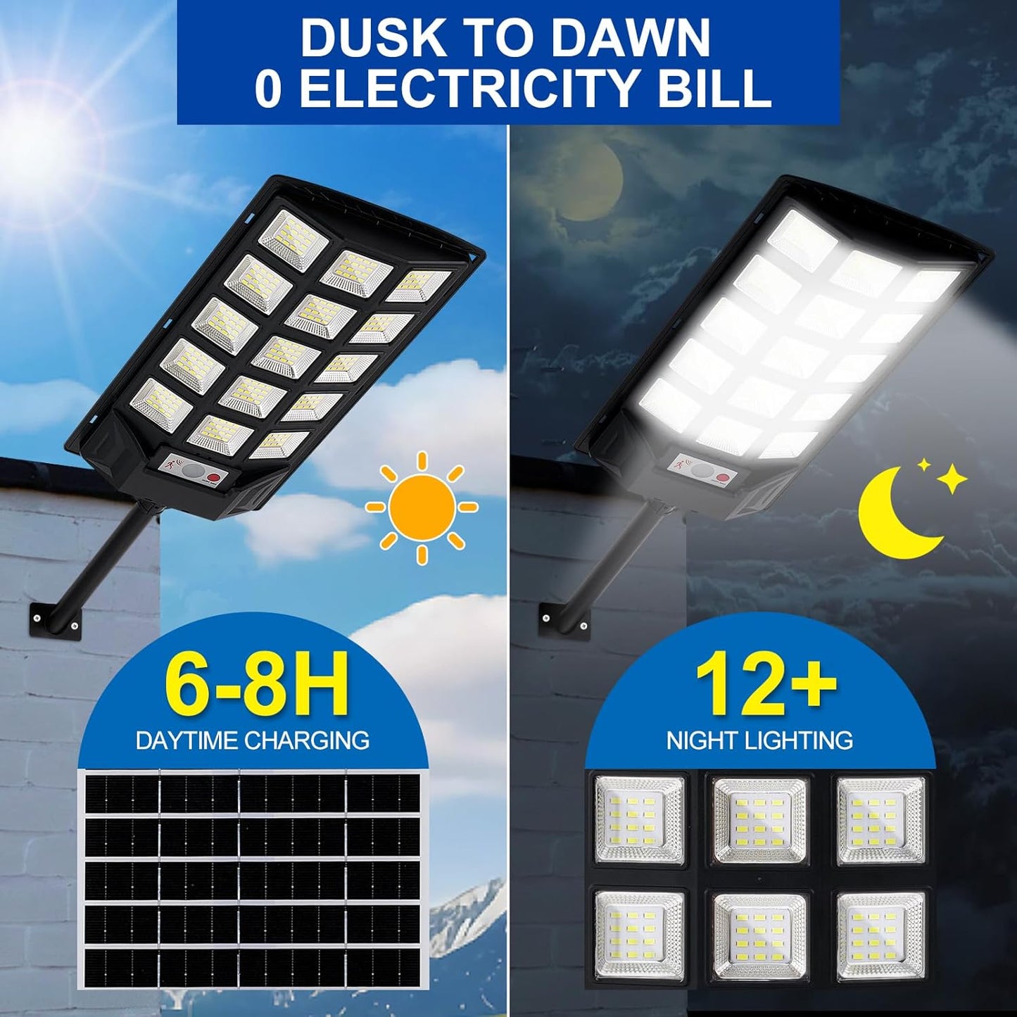 Solar Lights Outdoor,IP66 Waterproof Solar Street Lights with Motion Sensor & Remote,6500K Dusk to Dawn Street Lamps for Parking Lot/Yard/Garden