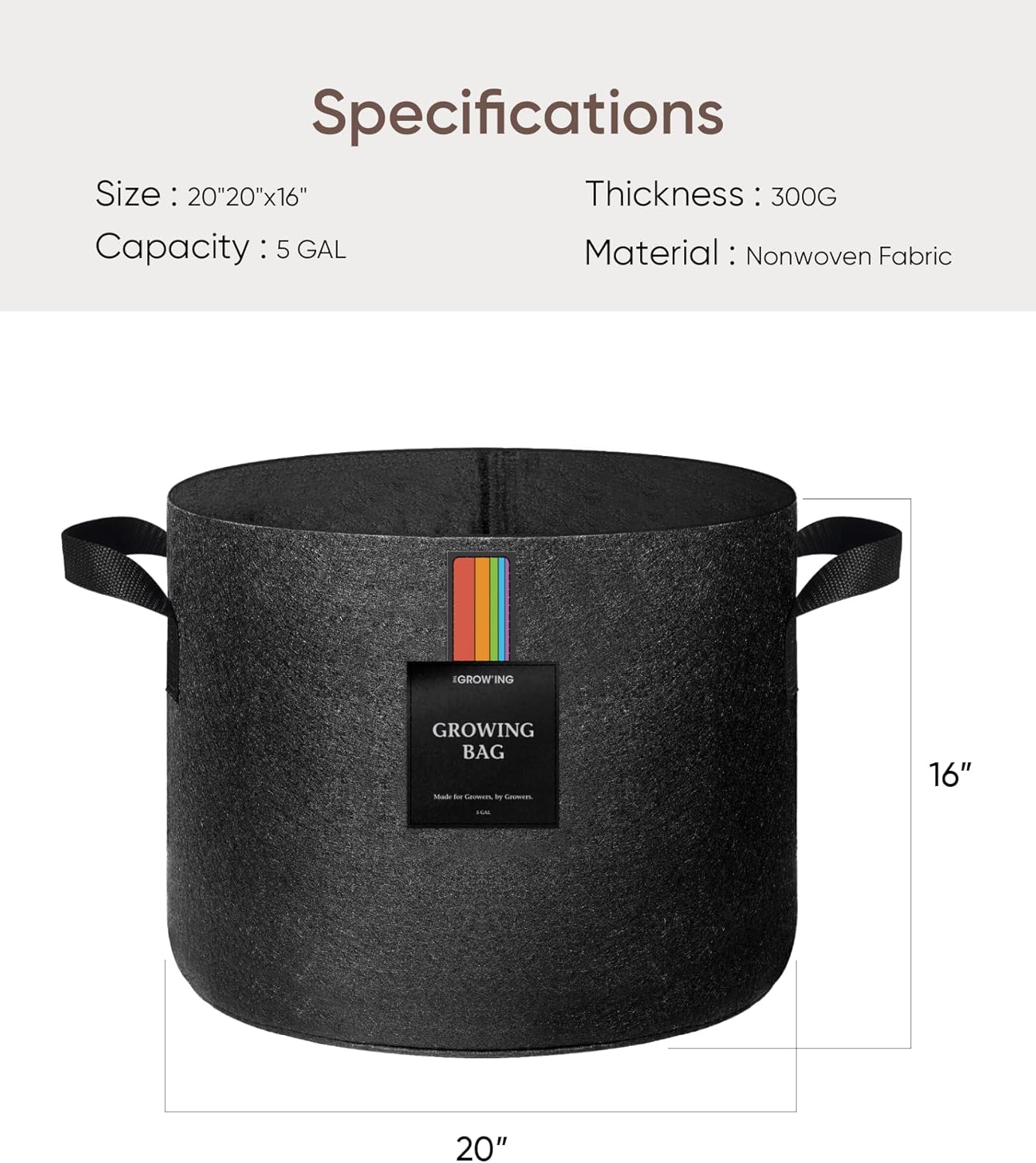 The Growing 5 Pack 20 Gallon Fabric Grow Bags，Thickened Aeration Nonwoven Fabric Plant Pots with Durable Handles,Heavy Duty 300G Planter Pot for Tomato, Fruits, Vegetables and Flowers, Black