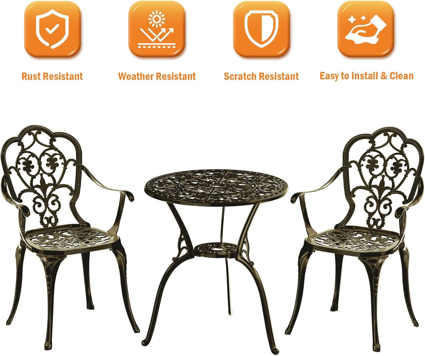 Patio Bistro Set of 2, Cast Aluminum, Outdoor Set w/Umbrella Hole, 3 Piece Table and Chairs Set, Bistro Set for Backyard/Garden/Lawn, Golden Bronze
