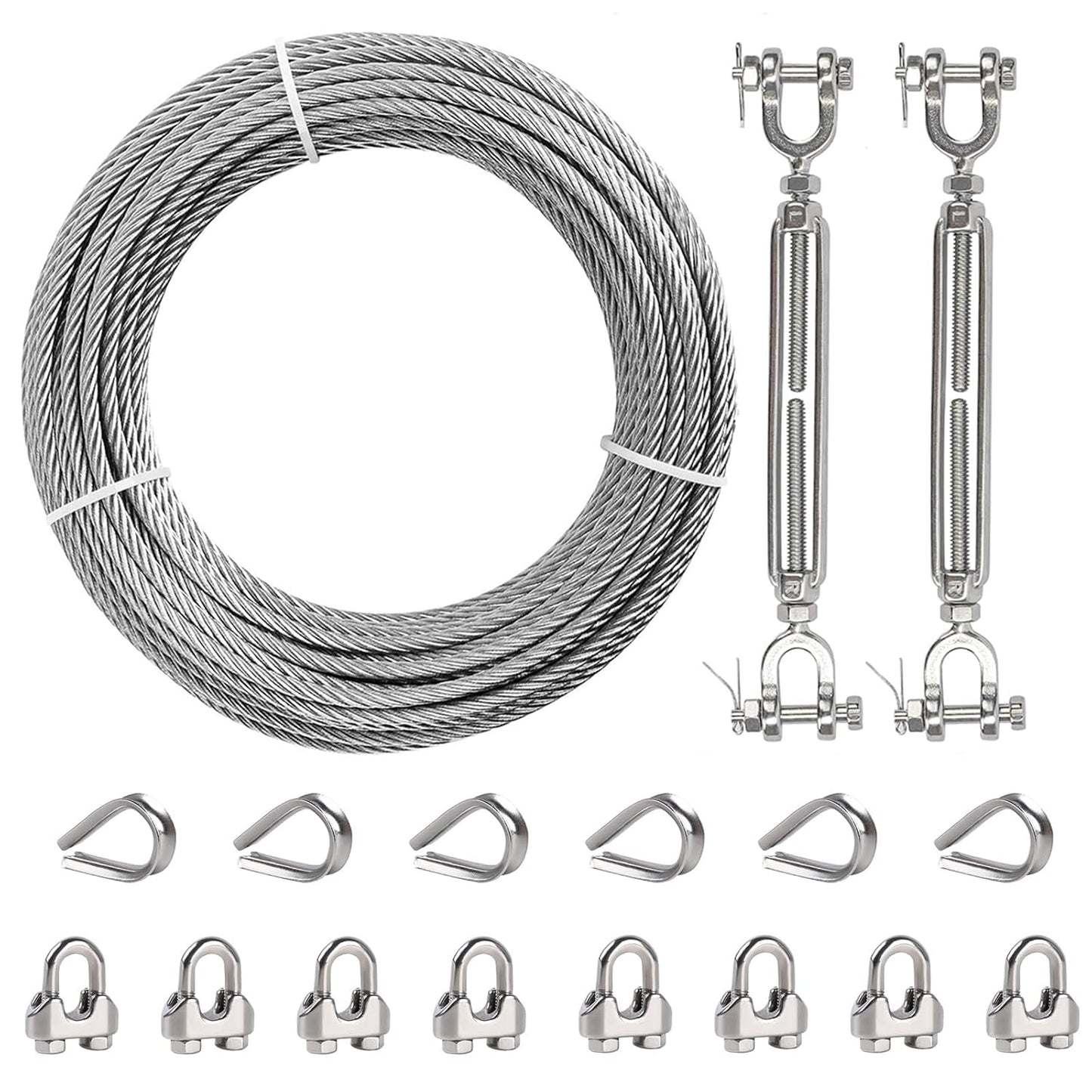 1/4" Wire Rope Kit, 50ft Stainless Steel Cable with 2Pcs 1/4 Turnbuckle, Clamp & Thimble, 7x19 Strands Heavy Duty Metal Cable,1400 lbs Load Limit, Turnbuckles for Cables Wire, Zipline