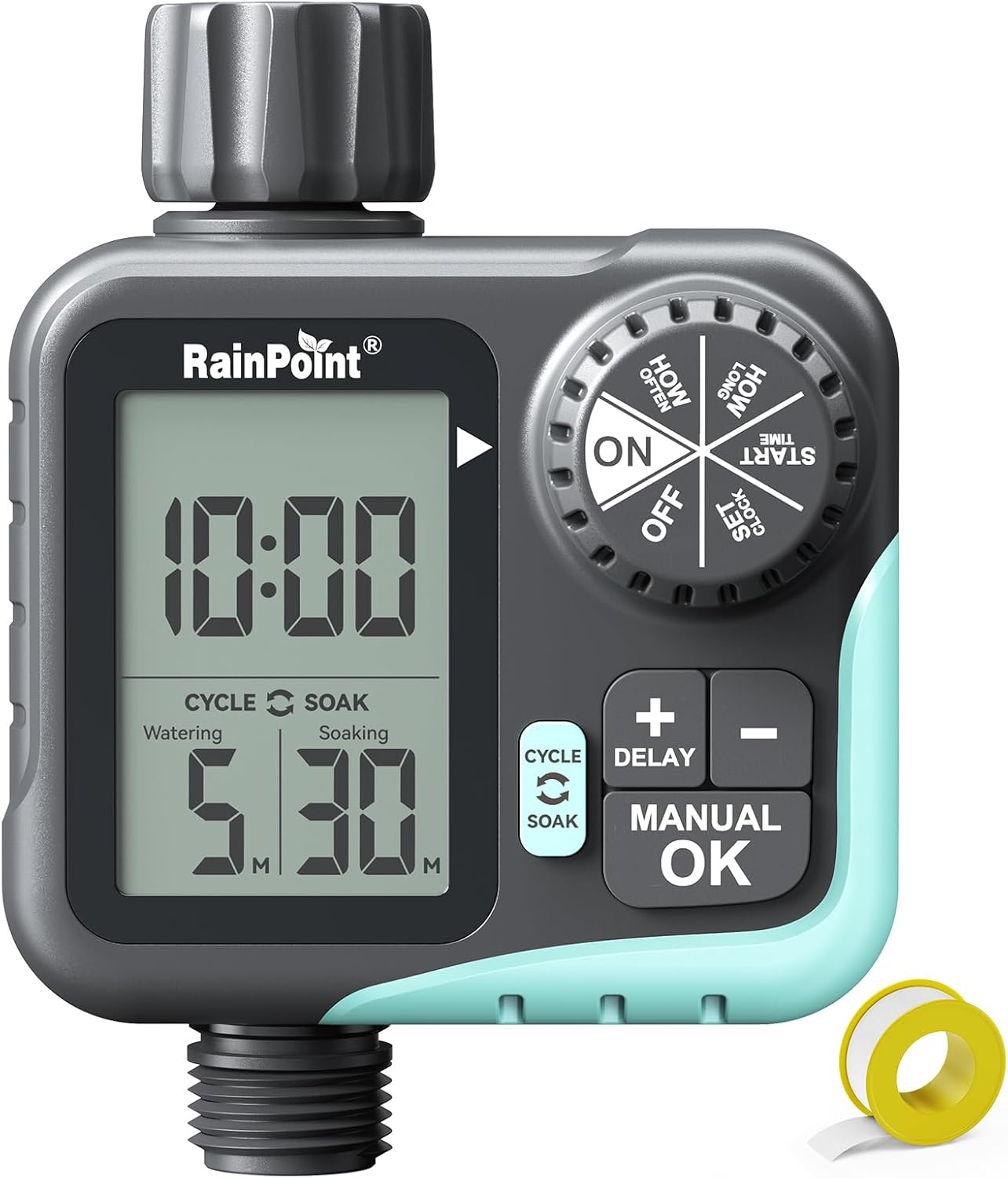 RAINPOINT Sprinkler Timer - Cycle & Soak Water Timer for Garden Hose with Rain Delay/Automatic Watering/Manual Watering, Programmable for Lawn, Yard, Irrigation System, Outdoor