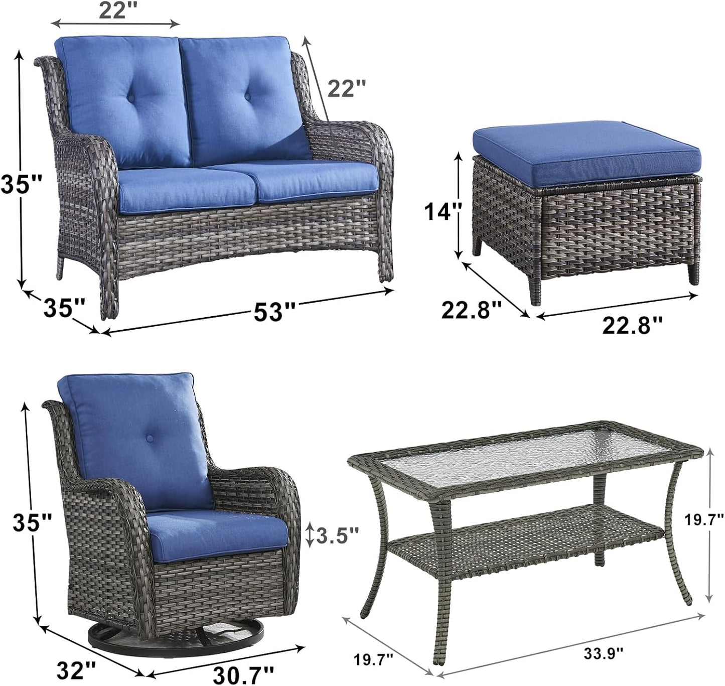 Outdoor Wicker Patio Furniture Set - 6 Piece Rattan Patio Conversation Set with 2 Rocking Swivel Chairs,2 Ottomans,1 Loveseat and 1 Coffee Table for Porch Deck Backyard Garden(Mixed Grey/Blue)