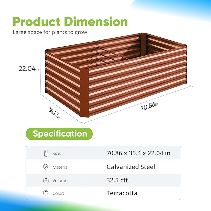 Quictent Galvanized Raised Garden Bed Metal Planter Box Bottomless for Backyard Outdoor, Include 1 pc Tomato Cage, Terracotta, 6x3x2 Ft