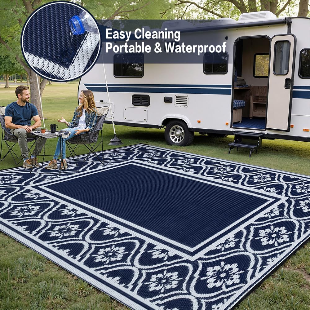 Outdoor Rug 8x10 Patio Camping Carpet Waterproof Mat Blue Outside Plastic Area Rug Reversible Rugs for RV Deck Entryance Porch Picnic Balcony Beach(8x10ft Navy Blue&White)