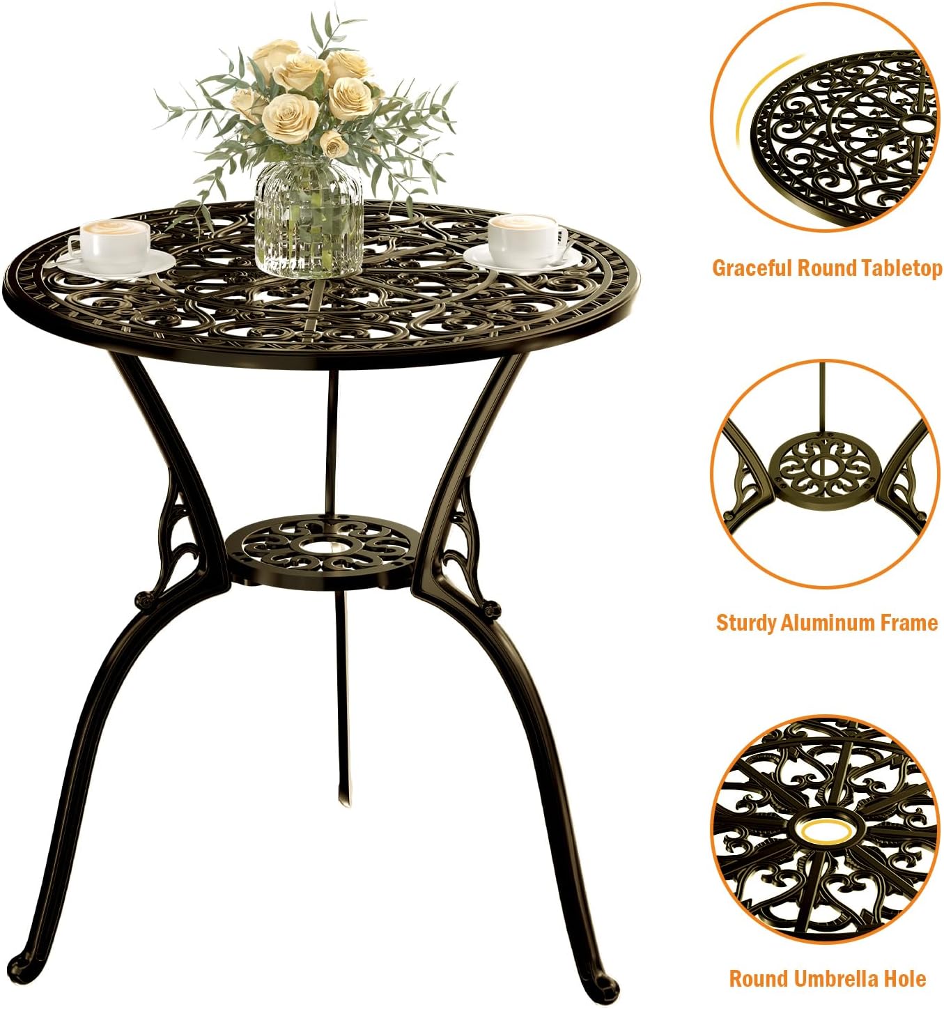 Patio Bistro Set of 2, Cast Aluminum, Outdoor Set w/Umbrella Hole, 3 Piece Table and Chairs Set, Bistro Set for Backyard/Garden/Lawn, Golden Bronze