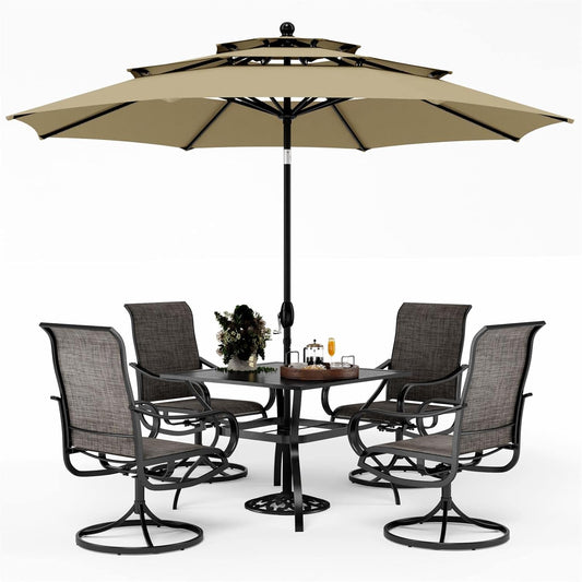 PHI VILLA Patio Table and Chairs Dining Set with Umbrella for 4, Outdoor Dining Set with 4 Swivel Patio Chairs, 1 Square Metal Dining Table and 10ft Beige Large Patio Umbrella (No Umbrella Base)