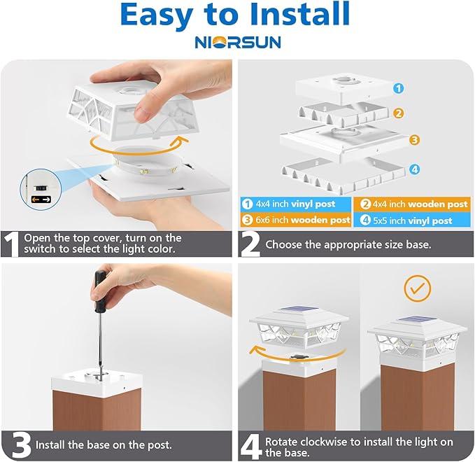 NIORSUN Solar Post Lights Outdoor 12 Pack, 2 Modes LED, Deck Fence Post Solar Lights for 3.5x3.5 4x4 5x5 5.5x5.5 Caps Patio Garden Decoration, White