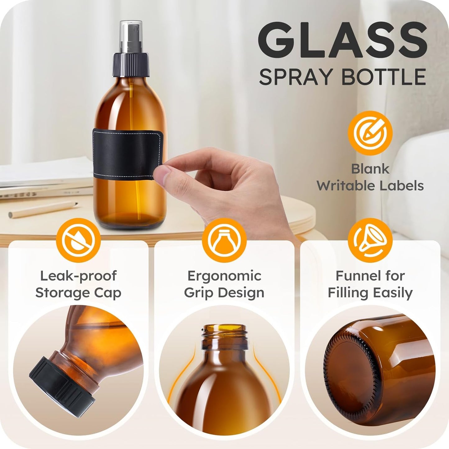 Tecohouse Amber Glass Spray Bottles 10.8oz, 2 Pack Empty Spray Bottle for Essential Oils, Small Glass Bottles for Cleaning Solutions, Plants, Hair with Durable Nozzle, Labels, Funnel