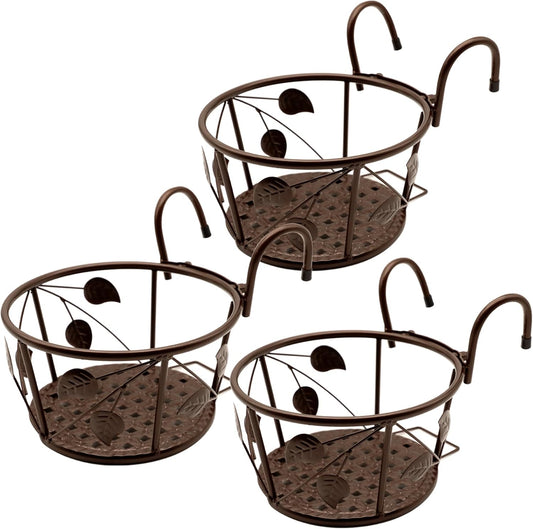 Hanging Railing Planter Flower Pot Holder Baskets Iron Art Hanging Baskets Flower Pot Holder Hanger Potted Plants Rack Plant Iron Racks Over The Rail Fence for Patio Balcony Porch