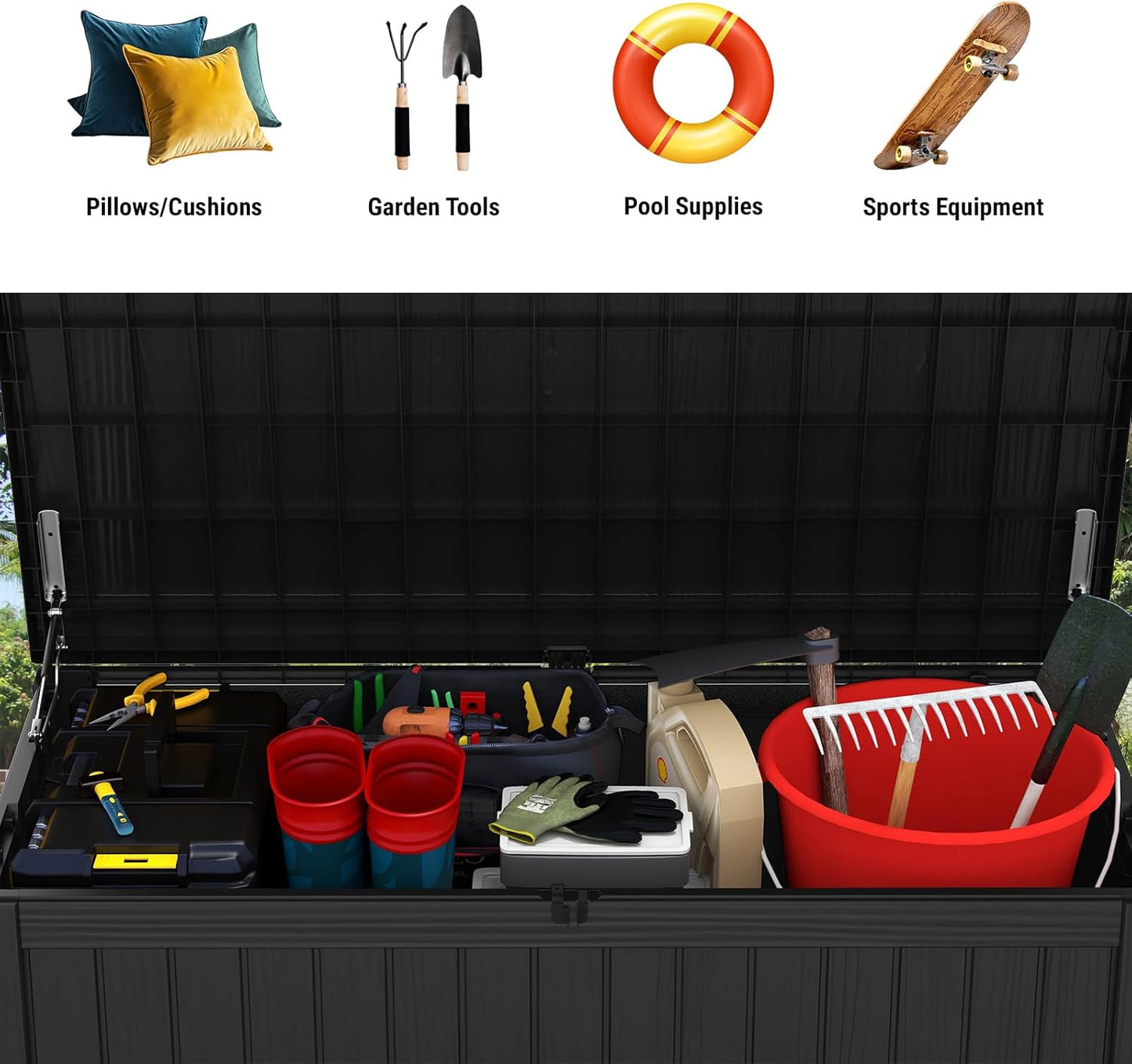 Mars Villa 180 Gallon Outdoor Storage Box Waterproof, Extra Large Resin Deck Box, Outside Storage Bin for Patio Furniture Cushions, Pool Supplies, Sports Gear, UV Resistant and Weatherproof, Black