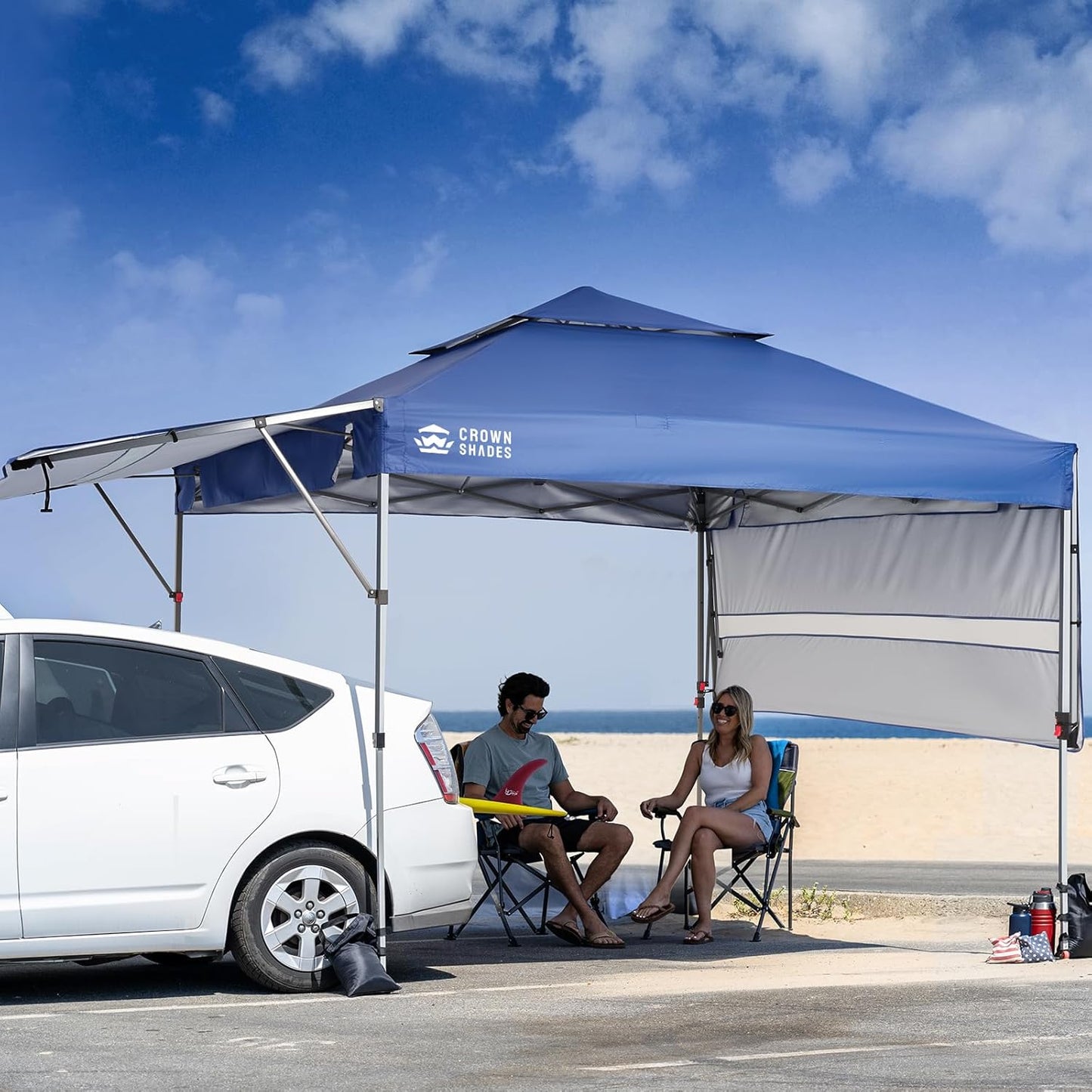 CROWN SHADES 10x10 Pop up Canopy Tent Patended Centerlock Instant Commercial Canopy with 150D Silver Coated Fabric Including 2 Extend Awnings, 4 Ropes, 8 Stakes, 4 Weight Bags, Navy Blue