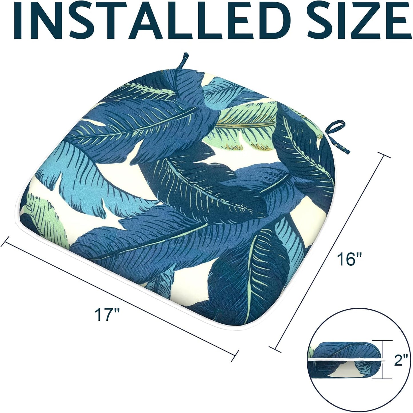 Indoor/Outdoor Chair Cushions 16x17 Inch, Patio Chair Cushions with Ties, All Weather Seat Cushions for Patio Furniture Home Garden Chair Use, Set of 2, Swaying Palms Blue