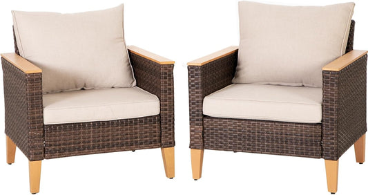 Sophia & William Outdoor Patio Sectional Sofa Set 2 Seats High Back Single Wicker Patio Furniture Chairs All-Weather Patio Conversation Set Outdoor Couch with 4" Thick Cushions, Beige