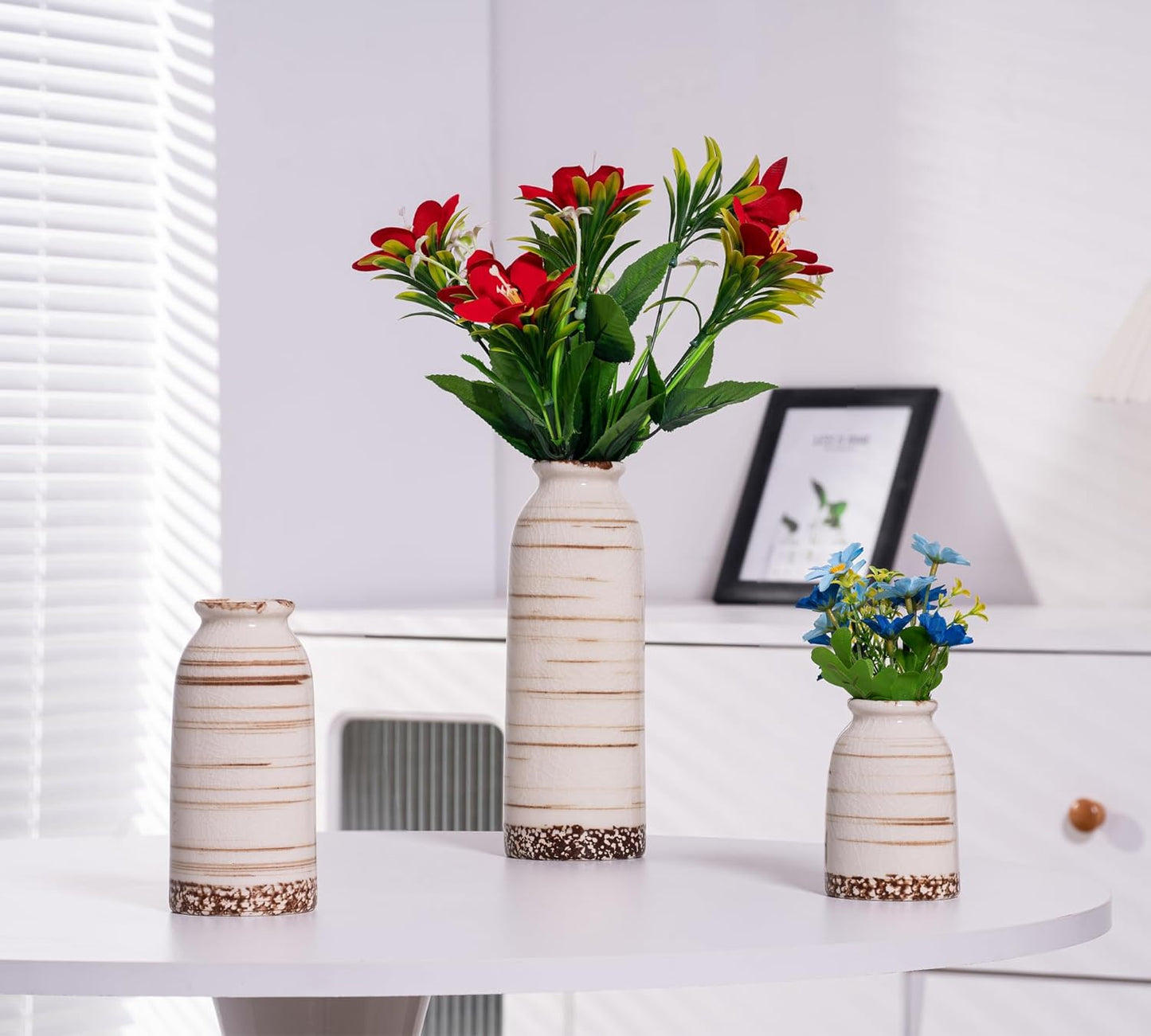 Beige Ceramic Vase Set of 3, Farmhouse Decorative Vase for Pampas Grass, Living Room, Bathroom, Bookshelf, Centerpieces Beige