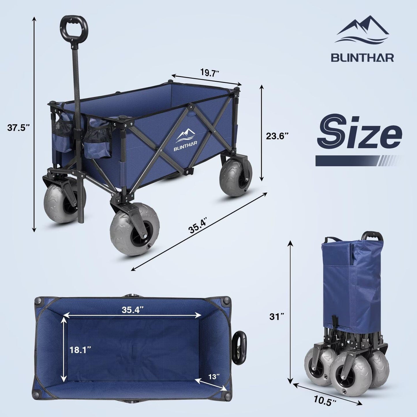 Beach Wagon with Big Wheels for Sand, Heavy Duty Collapsible Folding Wagon with All-Terrain 9" Pneumatic Tires & Drink Holders, Utility Wagon for Garden Sports Camping Outdoor Activities