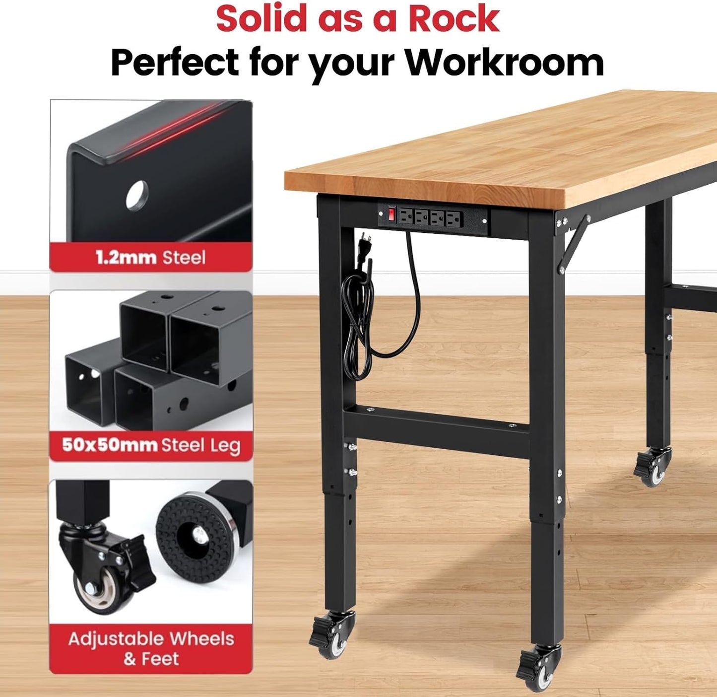 Workbench for Garage Adjustable Height 60 x 22 Inch Work Table with Wheels Heavy Duty Rubberwood Tabletop Workbench with Pegboard, Power Outlets for Woodworking Shop, Home, Office