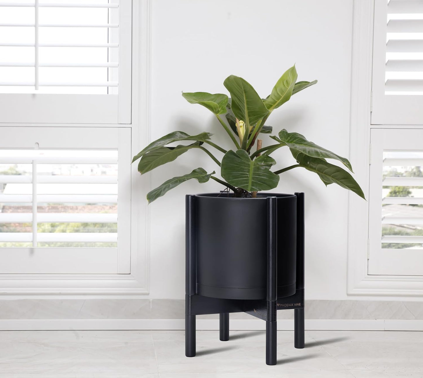 D'vine Dev Planter Pot with Stand - 10 Inch Plastic Cylinder Flower Pot with Wood Planter Holder for Indoor, Matte Black Pot + Ebony Stand, 55-C-N-2