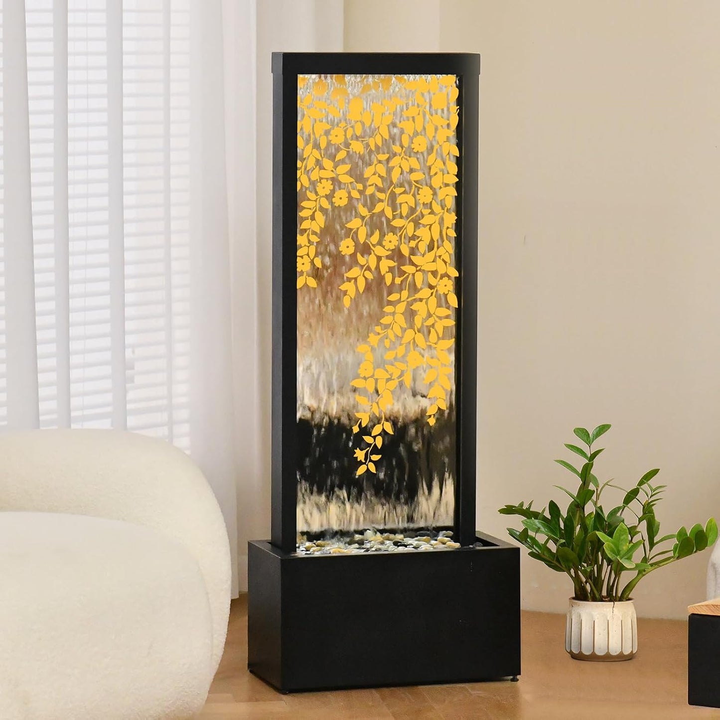 46" H Fountains Outdoor Indoor Tall Waterfall Fountain with LED Lights Large Modern Mirror Fountain for Garden,Patio,Backyard,Home,Black Silver Golden