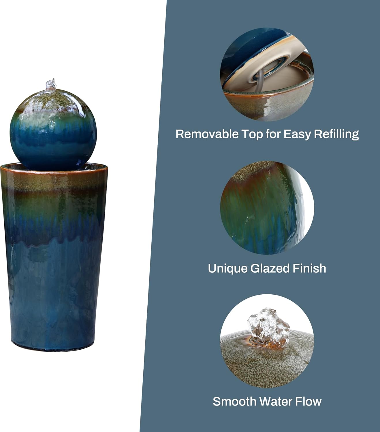 LuxenHome 30" Water Fountain Outdoor and Indoor, Glazed Blue Bubbling Sphere Ceramic Garden Outdoor Water Fountain, Elegant Modern Waterfall Garden Decor for Patio, Lawn, and Backyard