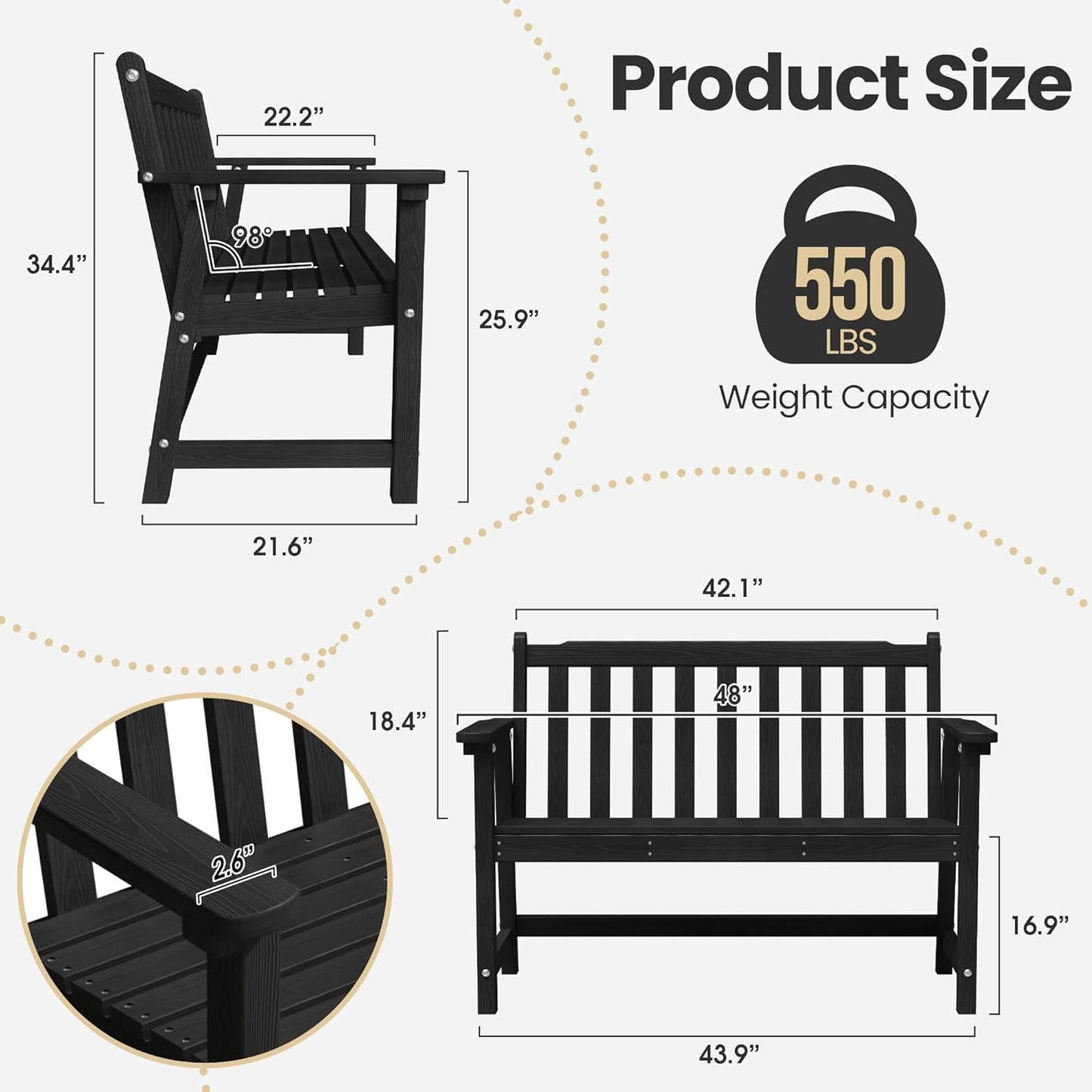 Ciokea 44" Outdoor Bench Set of 2, HDPE Weatherproof Garden Bench, 2-Person Memorial Benches with 550 Lbs, Waterproof Patio Porch Benches for Outside Business Deck Office Backyard Balcony, Black