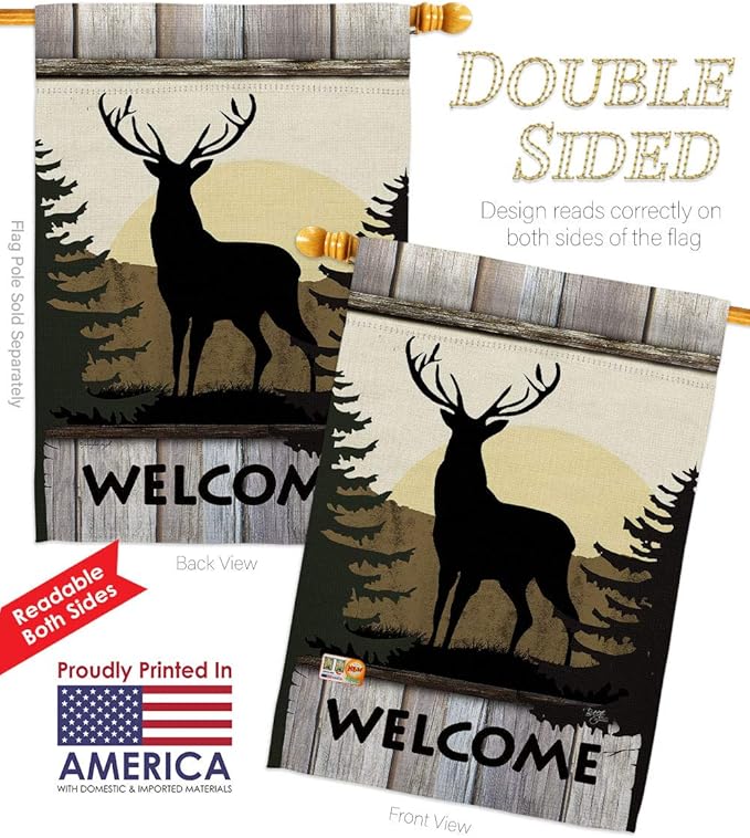 Welcome Deer House Flag Set Animals Wildlife Outdoor Bear Wolf Pet Nature Farm Animal Creature Decorative Yard Banner Double-Sided Made In USA 28 X 40