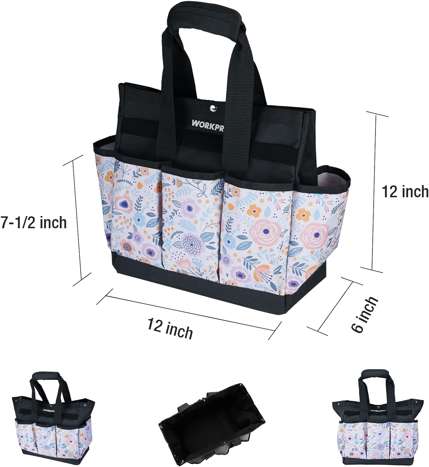 WORKPRO Garden Tool Bag, 9 Pockets Gardening Bag, Heavy Duty Oxford Garden Tote Caddy (Tools NOT Included), 12" x 12" x 6" (Floral White)