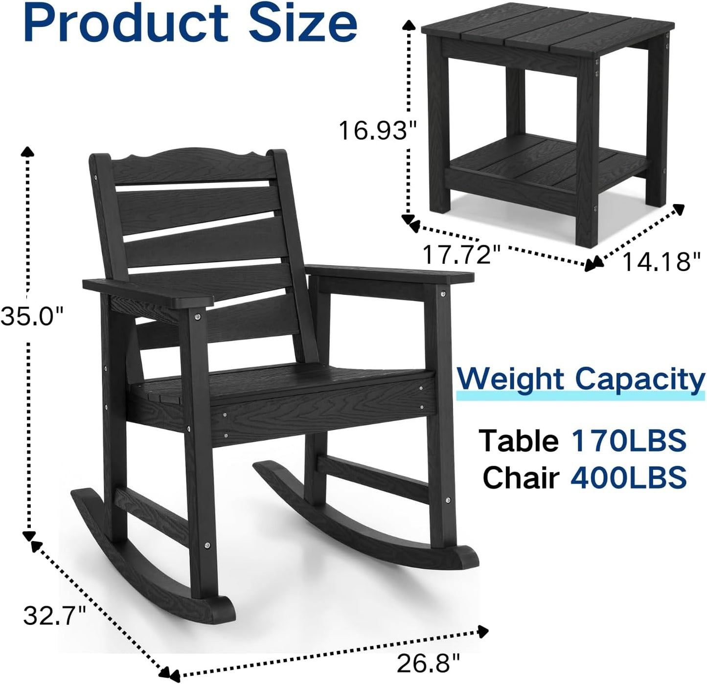 3-Piece Patio Rocking Chairs Set, Weatherproof HIPS Outdoor Rocking Chair for Adults, 400LBS Support Rocking Chairs with Table for Garden, Porch, Backyard and Indoor, Black