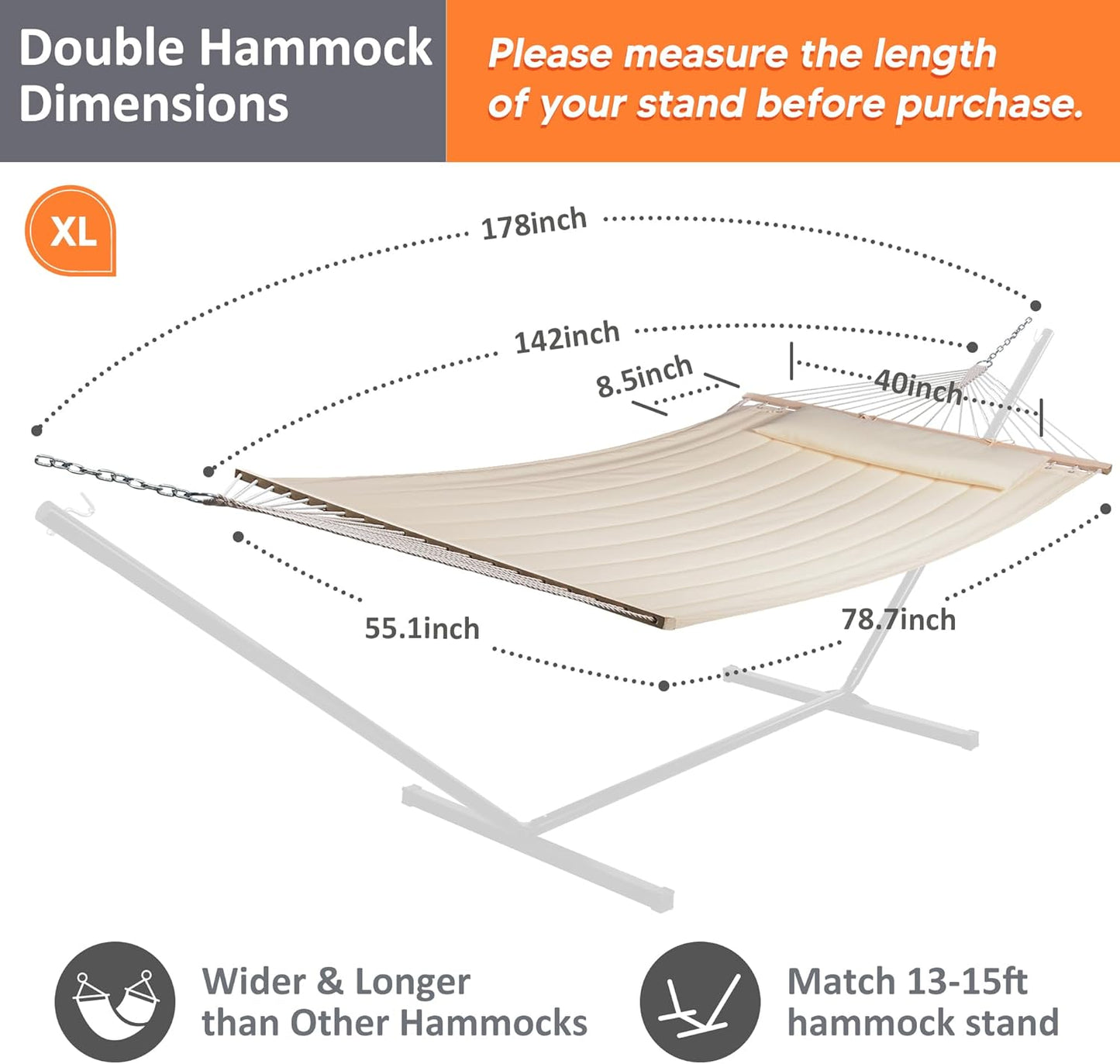 SUNCREAT Double Hammock for 2 Person, Extra Large Outdoor Portable Hammock with Hardwood Spreader Bar, Soft Pillow, 475 lbs Capacity, Beige