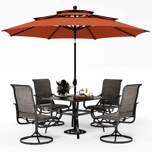 PHI VILLA Patio Dining Set with Umbrella for 4, Outdoor Table & Chairs Set with 4 Padded Swivel Patio Dining Chairs, 1 Metal Dining Table and 10ft Orange Red Large Patio Umbrella (No Umbrella Base)