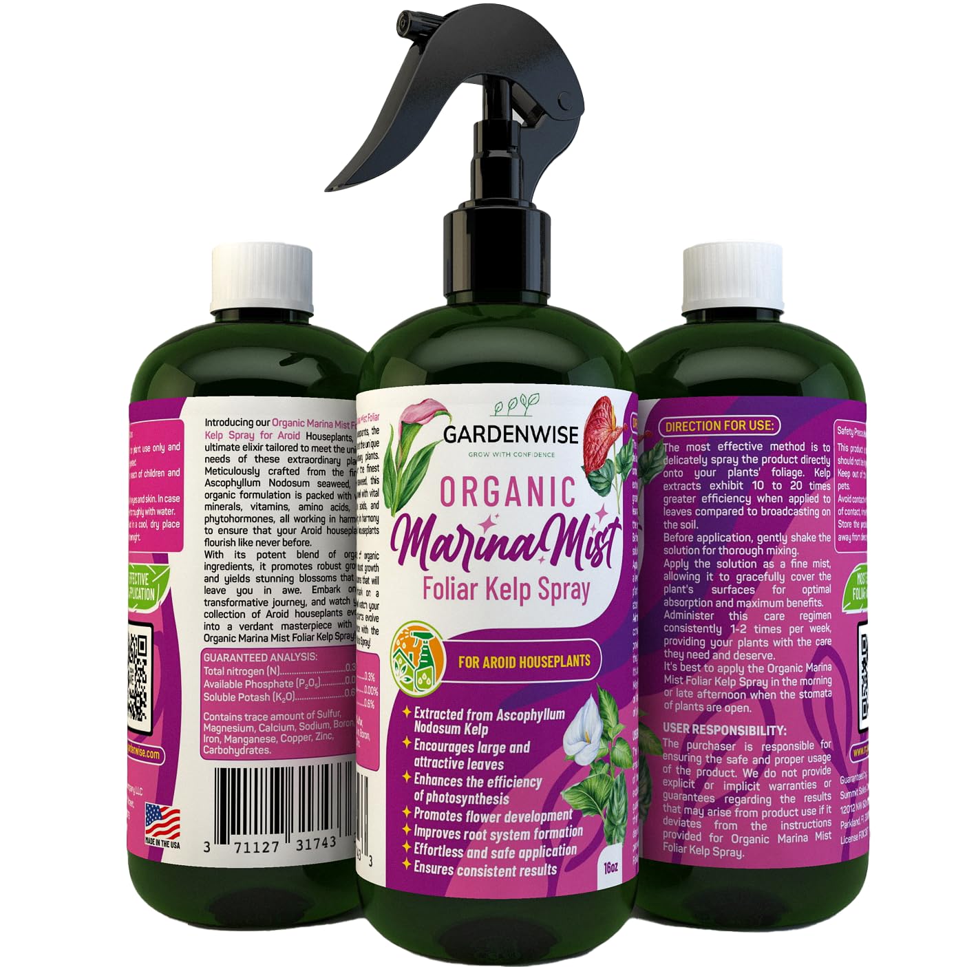 Marina Mist: Organic Aroid Plant Food & Foliar Kelp Spray - Nourish & Enhance Peace Lily, ZZ Plant, Elephant Ear, Monstera, Aglaonema, Philodendron, Pothos, Colocasias - Easy to Use (16 oz)