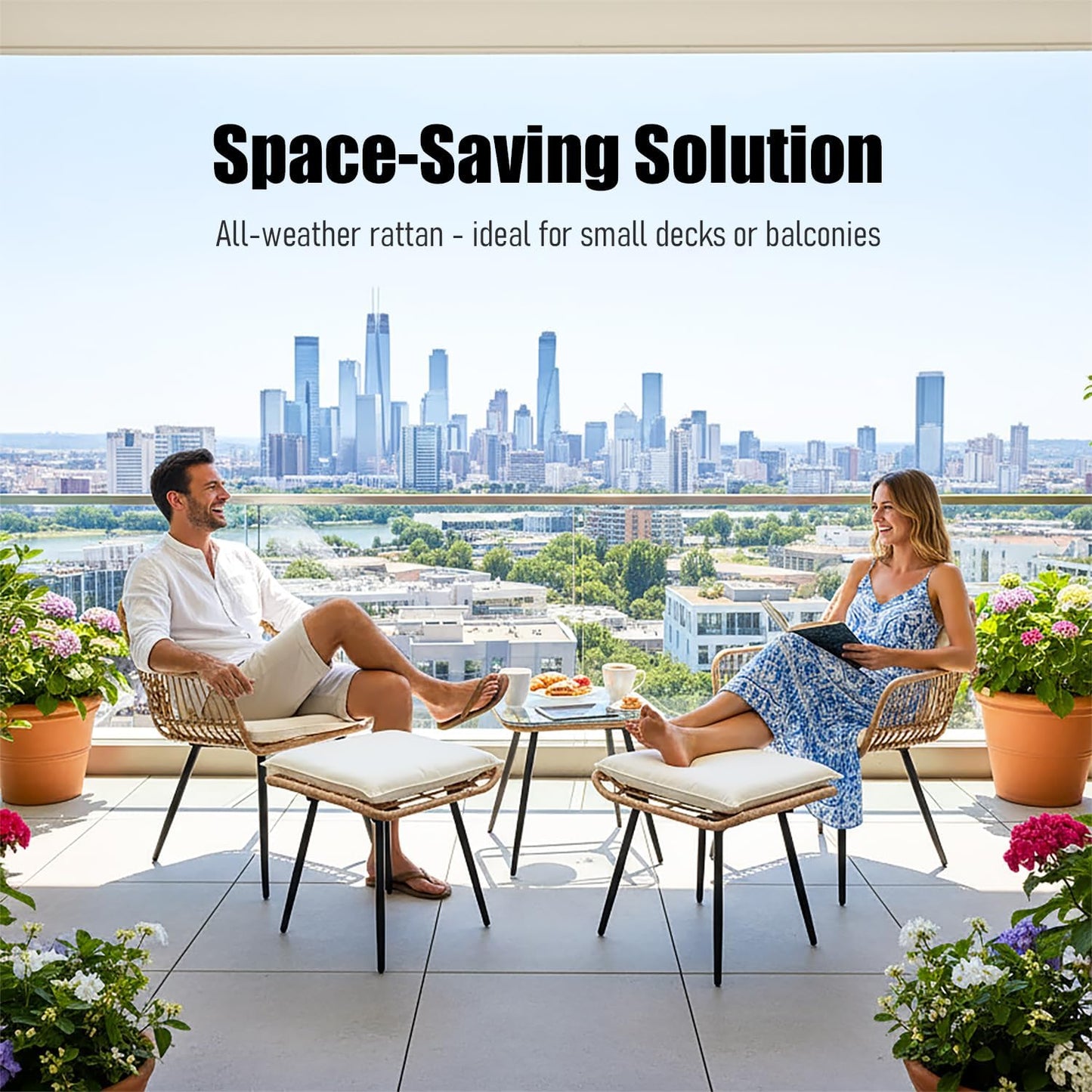 5 Pieces Patio Bistro Set, Outdoor Patio Table and Chairs with Footrest, Waterproof Small Patio Conversation Set, Outdoor Chair with Ottoman for Porch, Backyard, Deck, Balcony