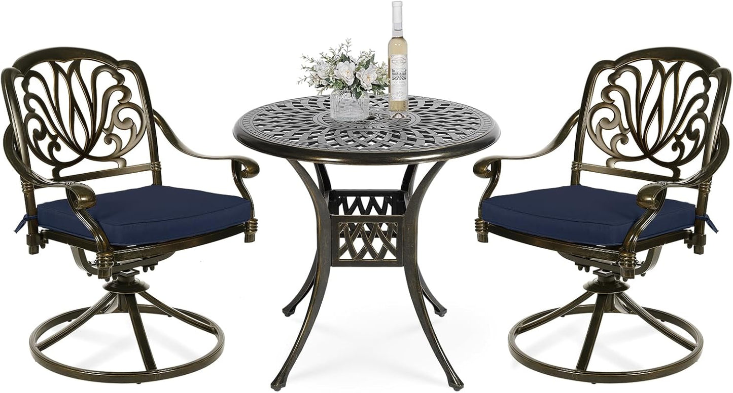 VIVIJASON 3-Piece Patio Furniture Dining Set, Outdoor All-Weather Cast Aluminum Bistro Set, Include 2 Swivel Chairs and 31" Round Table w/Umbrella Hole for Balcony, Lawn, Garden (Navy Blue Cushion)