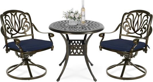 VIVIJASON 3-Piece Patio Furniture Dining Set, Outdoor All-Weather Cast Aluminum Bistro Set, Include 2 Swivel Chairs and 31" Round Table w/Umbrella Hole for Balcony, Lawn, Garden (Navy Blue Cushion)