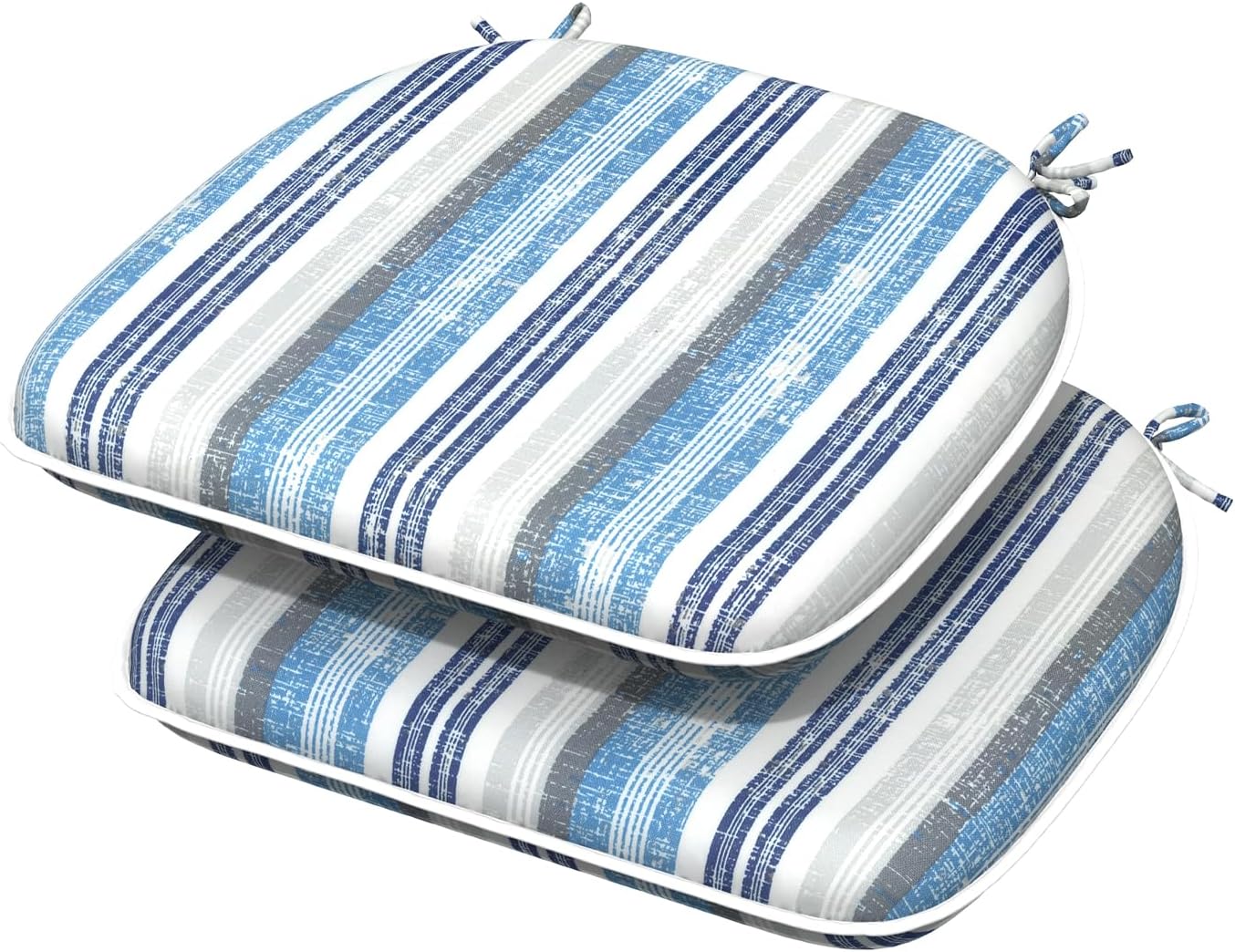 Indoor/Outdoor Chair Cushions 16x17 Inch, Patio Chair Cushions with Ties, All Weather Seat Cushions for Patio Furniture Home Garden Chair Use, Set of 2, Stripe Layered Blue