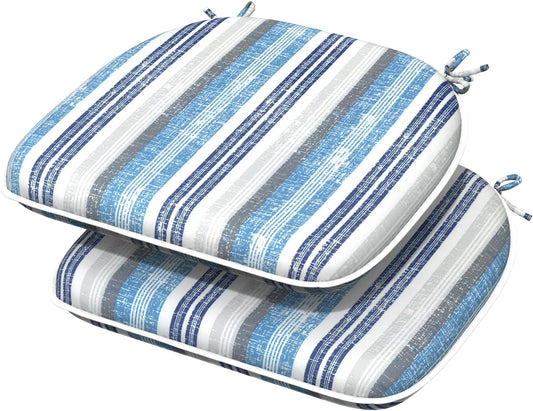 Indoor/Outdoor Chair Cushions 16x17 Inch, Patio Chair Cushions with Ties, All Weather Seat Cushions for Patio Furniture Home Garden Chair Use, Set of 2, Stripe Layered Blue