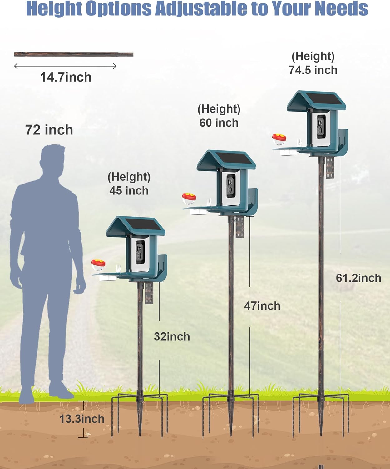 Bird Feeder Pole Stand – 74.5 Inch Height Feeding Station with 1-Inch Dia Heavy Duty for Hanging Feeders, Bird House Pole Mount Kit for Outdoor, Slip-Fit Connection，Copper Brushed