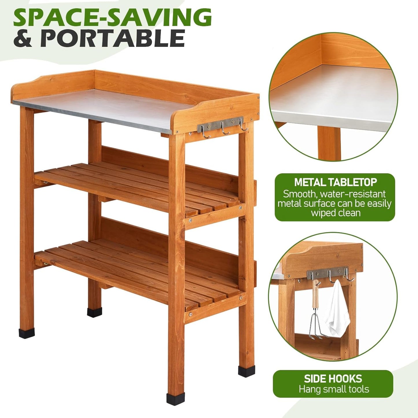 Outdoor Potting Bench Garden Work Station, Solid Wood Planting Table w/Sink Drawer Shelves,Metal Top, Folding Patio Furniture for Porch Balcony (29.1 x 14.2 x 35.6(Orange Yellow))