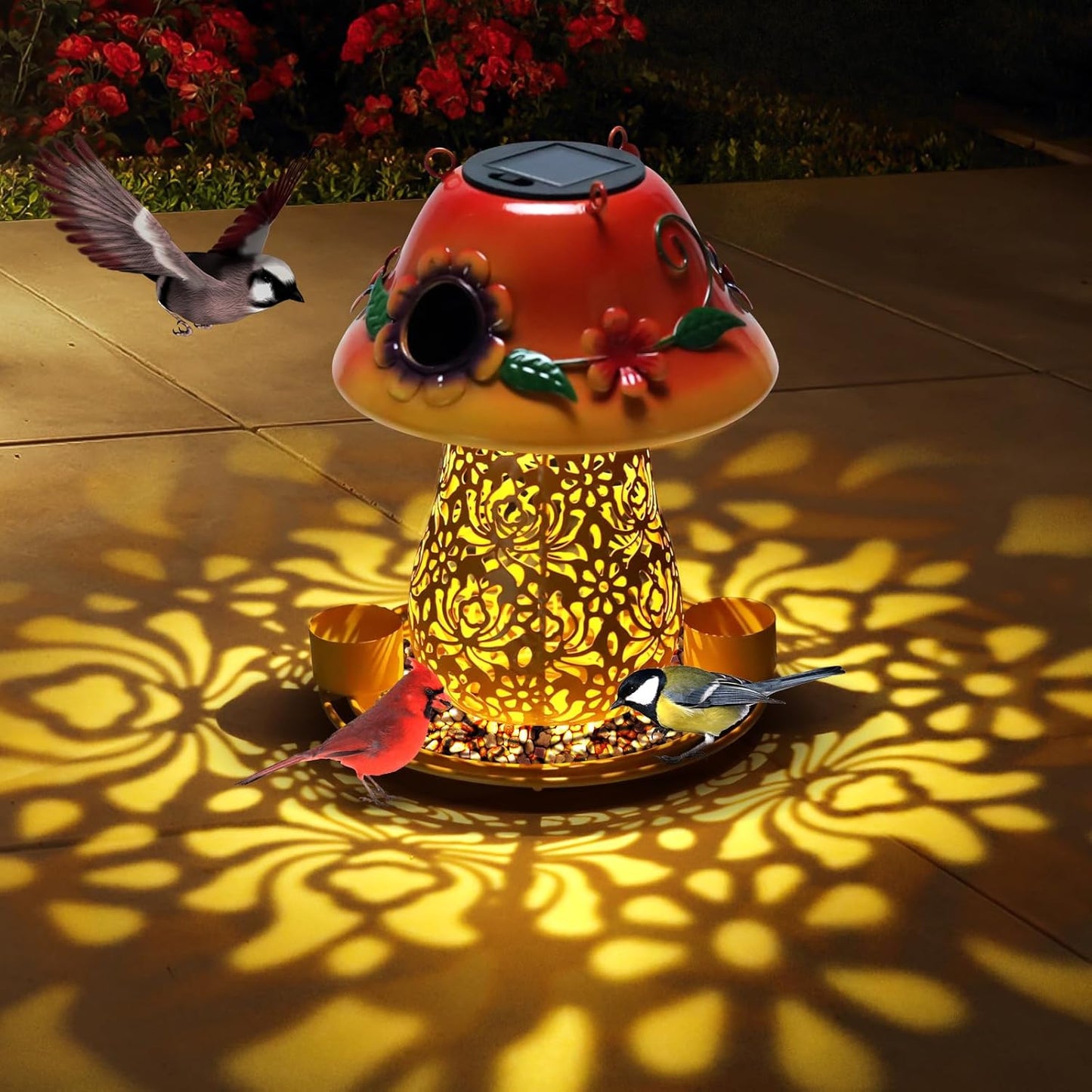Mushroom Solar Bird Feeders for Outdoors Hanging Metal Wild Bird Feeder Garden Lantern with S Hook for Garden Decoration Orange