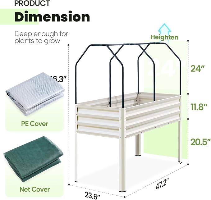 KING BIRD Raised Garden Bed with Cover & Netting Galvanized Elevated Large Planter Box with Legs 48×24×56 in for Backyard, Patio, Balcony, 400lb Capacity, Beige