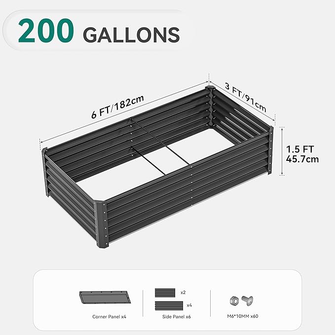 YITAHOME 6x3x1.5ft Large Raised Garden Bed Kit, Galvanized Metal Planter Box with Gloves, Ground Nails, Support Rod, Outdoor Above Ground Planters for Plants Vegetables Flowers, Black