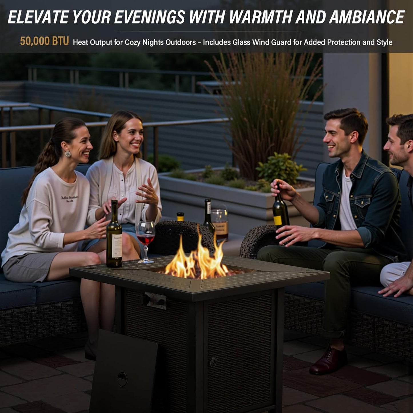 7 Pieces Patio Furniture Set with Fire Pit Table - 4 Outdoor Swivel Rocker Chairs with 50000BTU Propane Fire Table and 2 Side Table, Outdoor Conversation Set for Casual Gathering