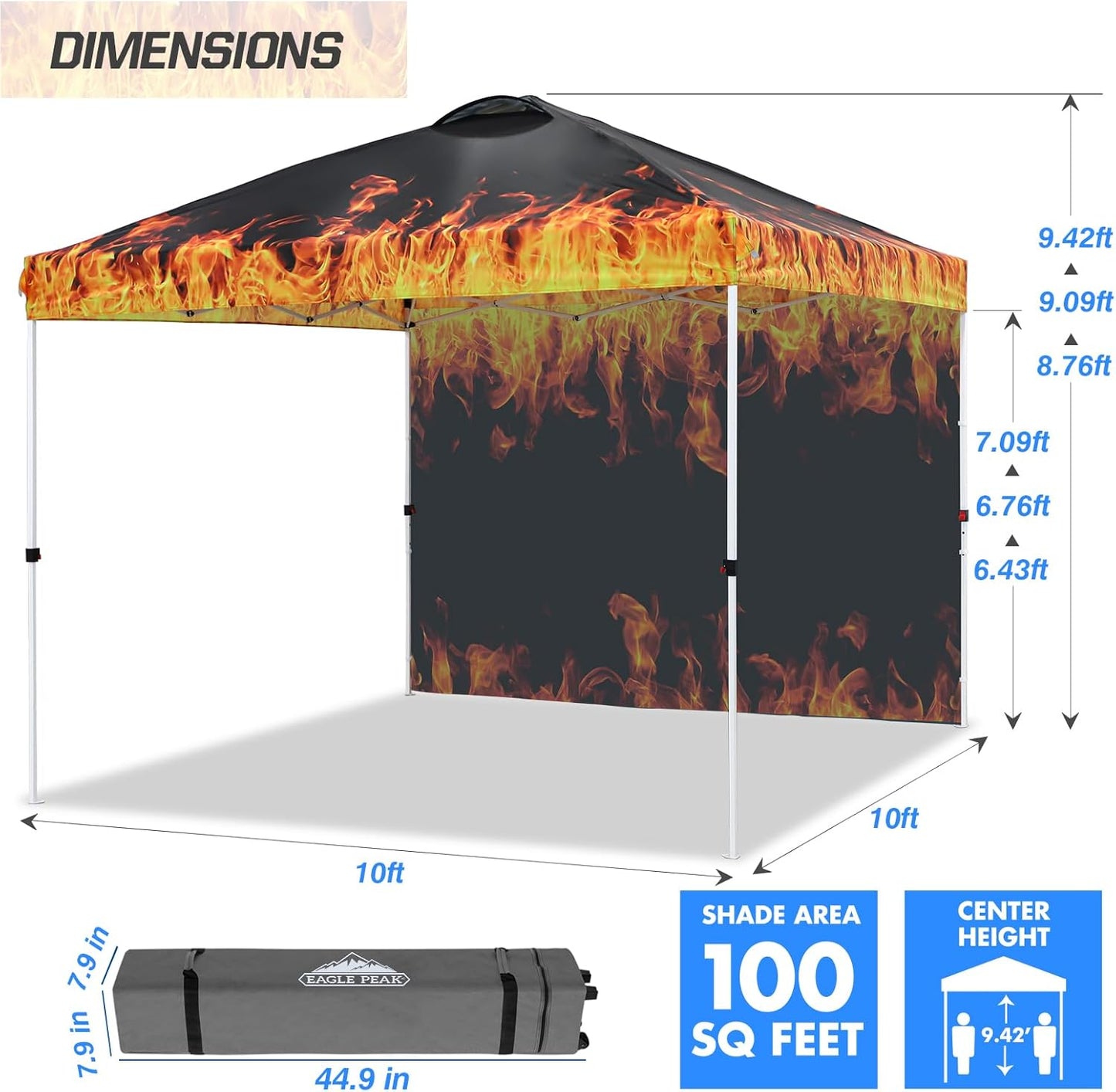 EAGLE PEAK Pop Up Canopy Tent with 1 Sidewall, Easy Setup Event Tent, Outdoor Sun Shade, Wheeled Carry Bag, Stakes and Guy Ropes, Instant Canopy 10x10, Flame