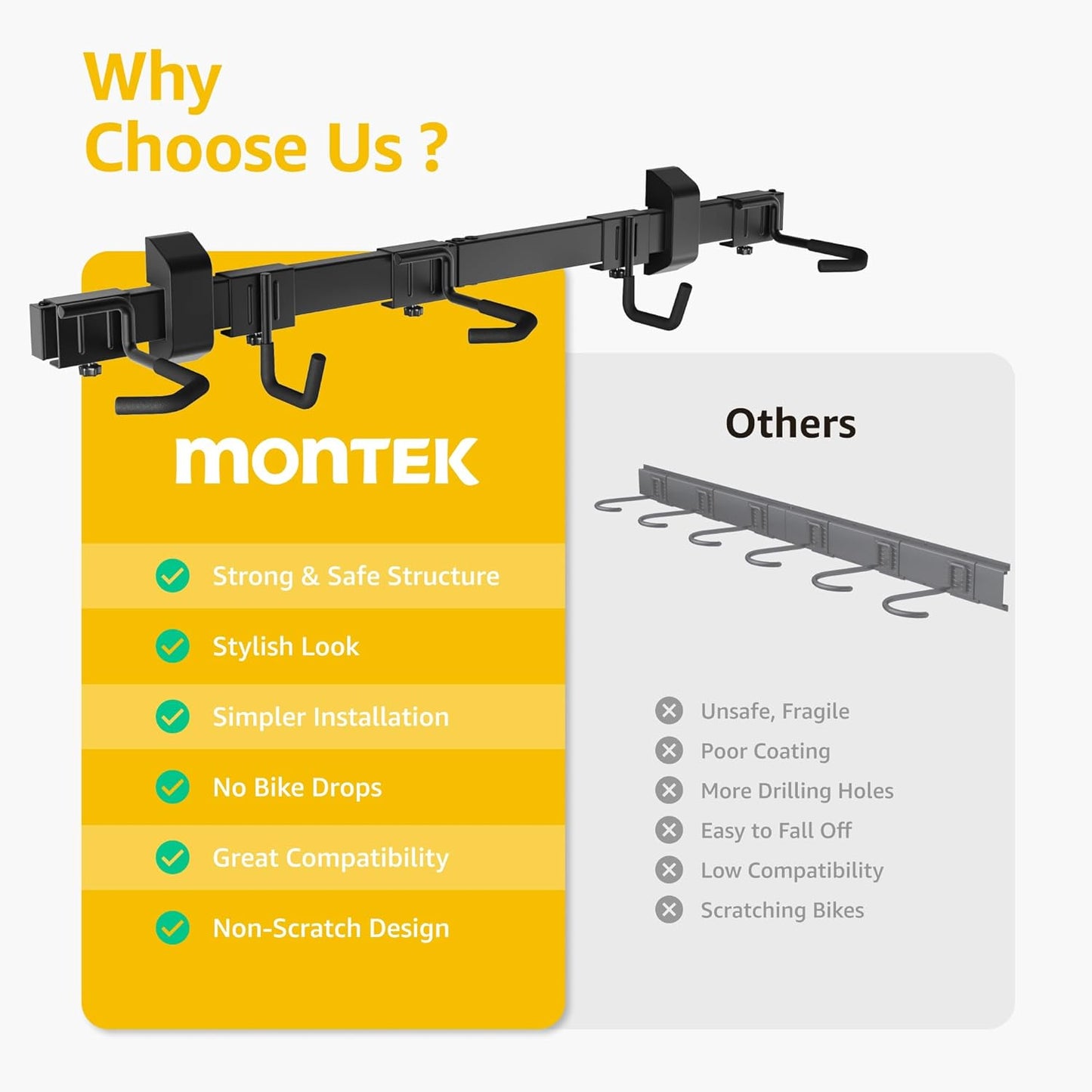 monTEK Enhanced Bike Storage Rack, Adjustable 3-Bike and 2-Helmet Hangers for Indoor Bike Storage, Customizable for Various Bike Sizes, Heavy-Duty Steel Bike Wall Mount, Max Load 209lbs, 32-in