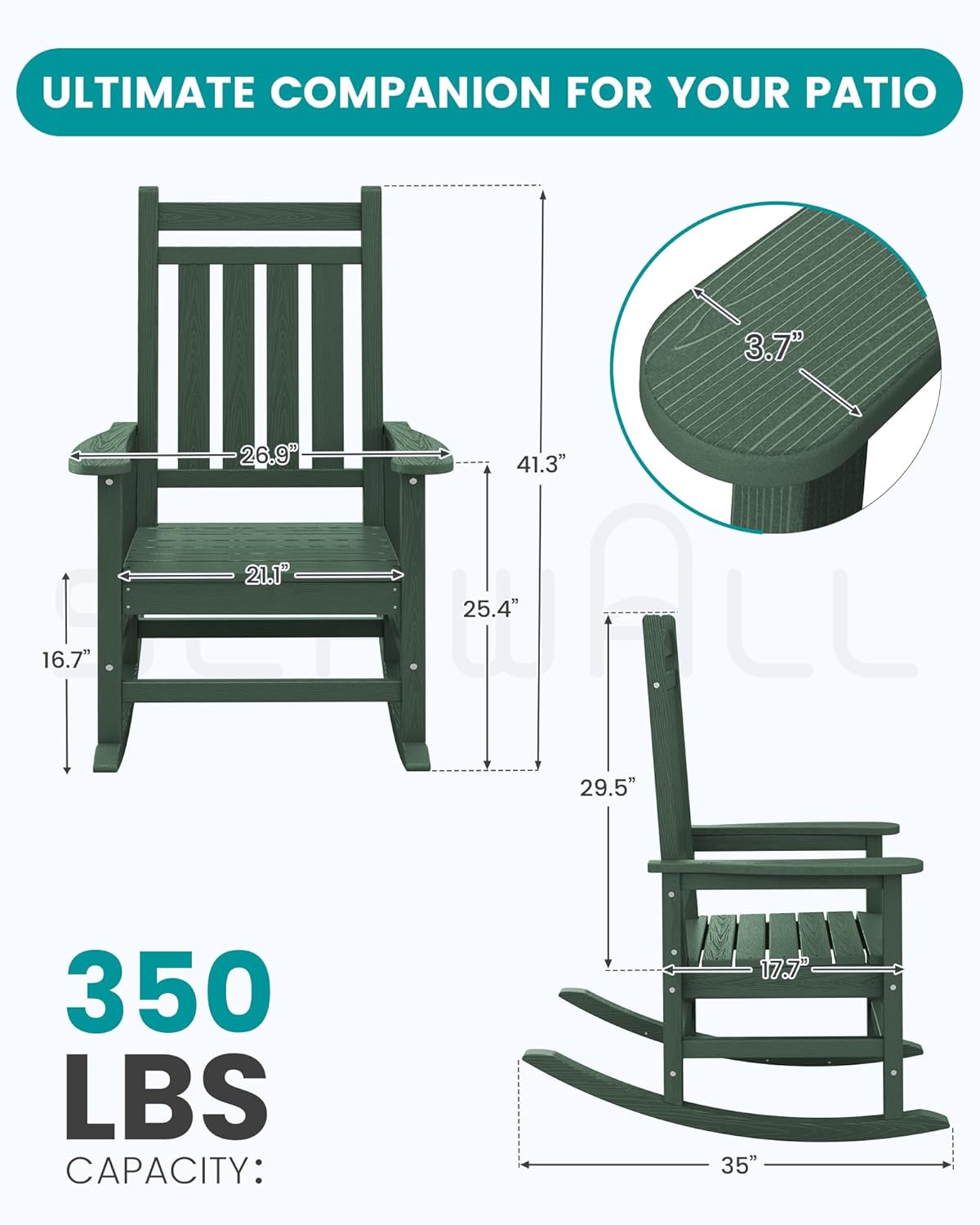 SEWALL HDPE Rocking Chair, Oversized Outdoor Rocking Chair for Adults, Patio Rocker for Porch, Green
