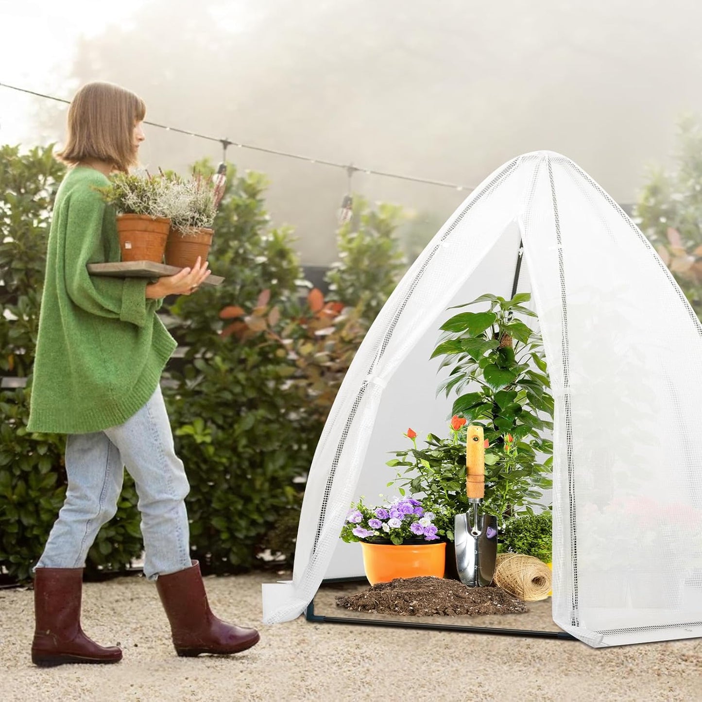VIVOSUN Portable Mini Greenhouse 72x63x63-Inch Tent-Style Greenhouse, PE Cover with Roll-up Zipper Door and Window, for Indoor Outdoor or Garden Plant Growing, White