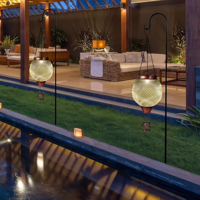 Starsoul 2 PC Cage Hot Air Balloon Solar Lantern with Flame Glass Outdoor Hanging Hot Air Balloon Solar Light Lamp Waterproof Garden Patio Yard Party Decorations