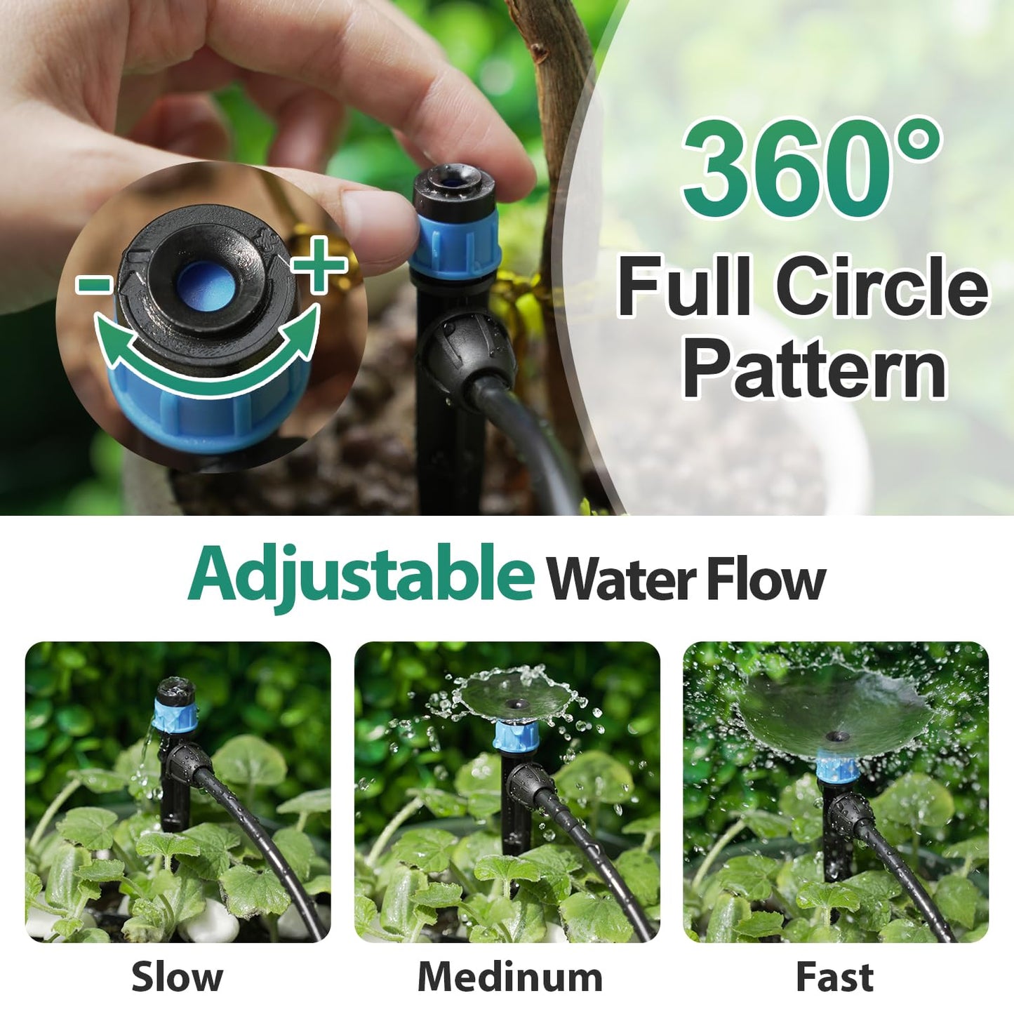 50 Pieces Drip Emitters for 1/4" Drip Irrigation Tubing, 25 Pcs Vortex Emitters and 25 Pcs Stream Emitters Adjustable 360 Degree Full Circle Drip Emitters with Stake