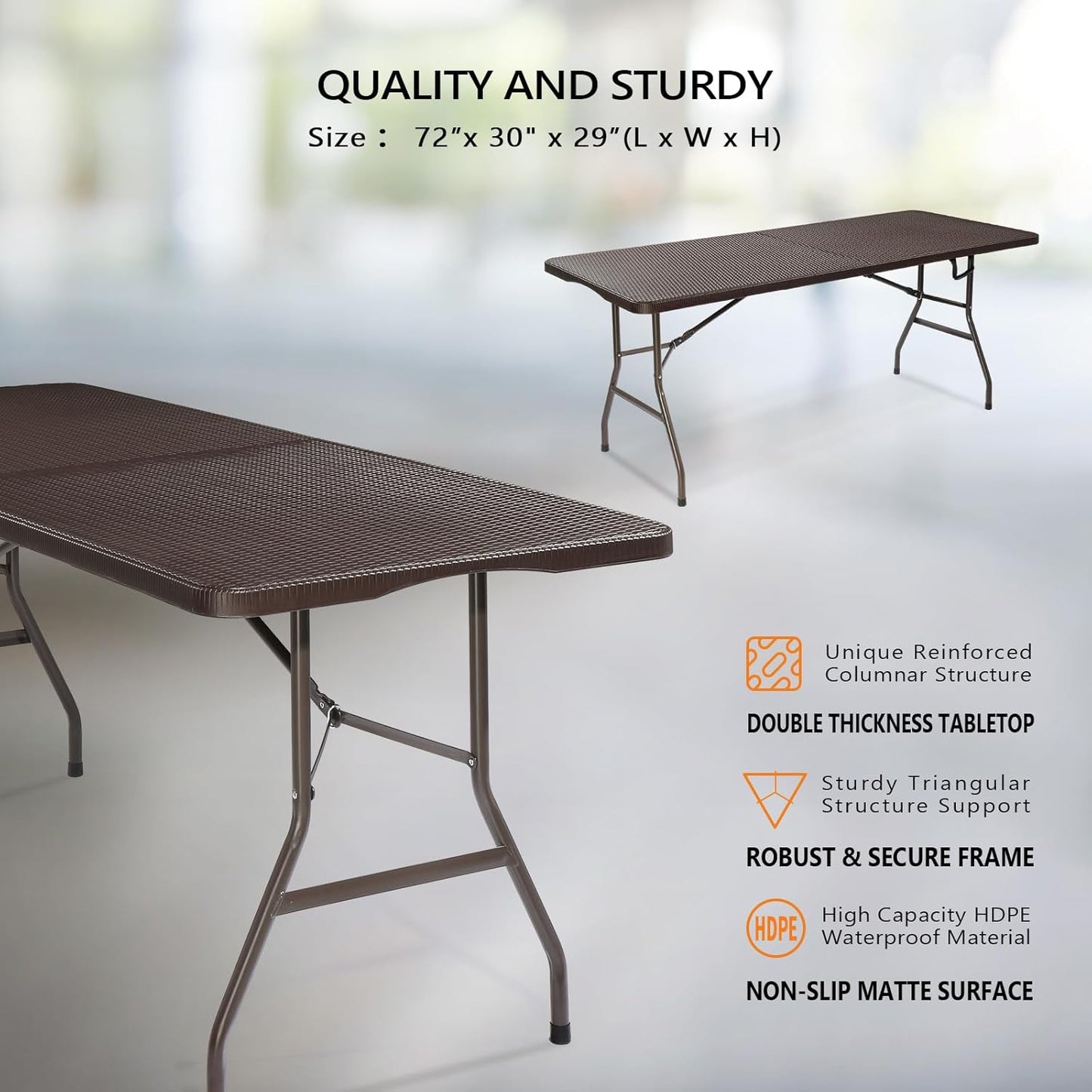 VINGLI 6 Foot Plastic Folding Table Portable Long Table for Indoor Outdoor Use Rectangular with Carrying Handle,Rattan Patterned HDPE Tabletop, Brown